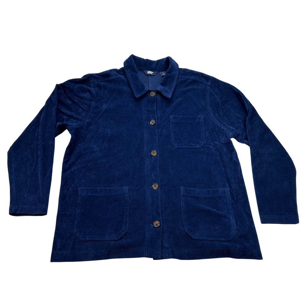 Lands End Navy Blue Corduroy Button Front Jacket‎ Shirt Pockets Size Large